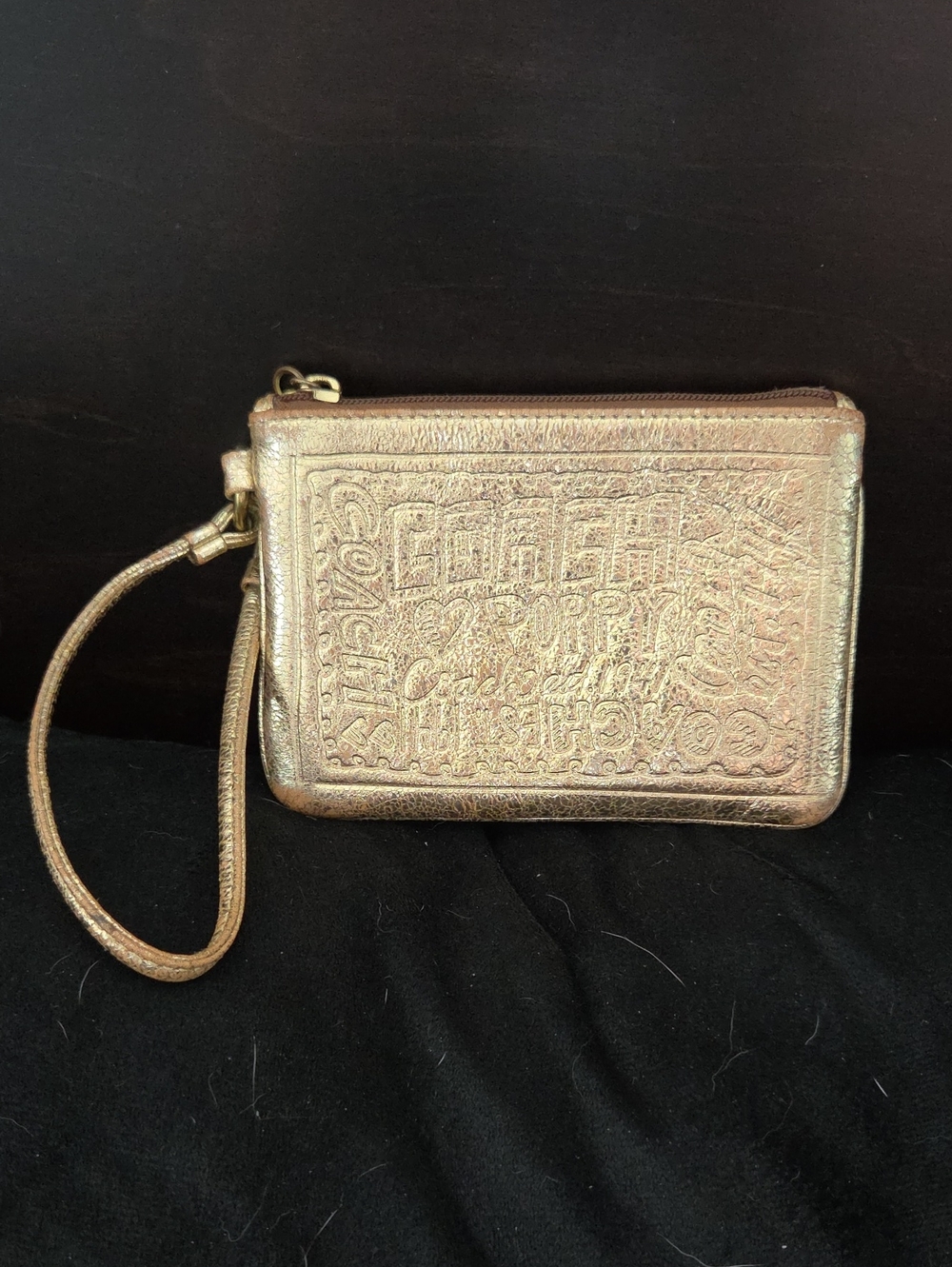Vintage Coach Poppy Metallic Gold Graffiti Embossed Leather Wristlet Y2K